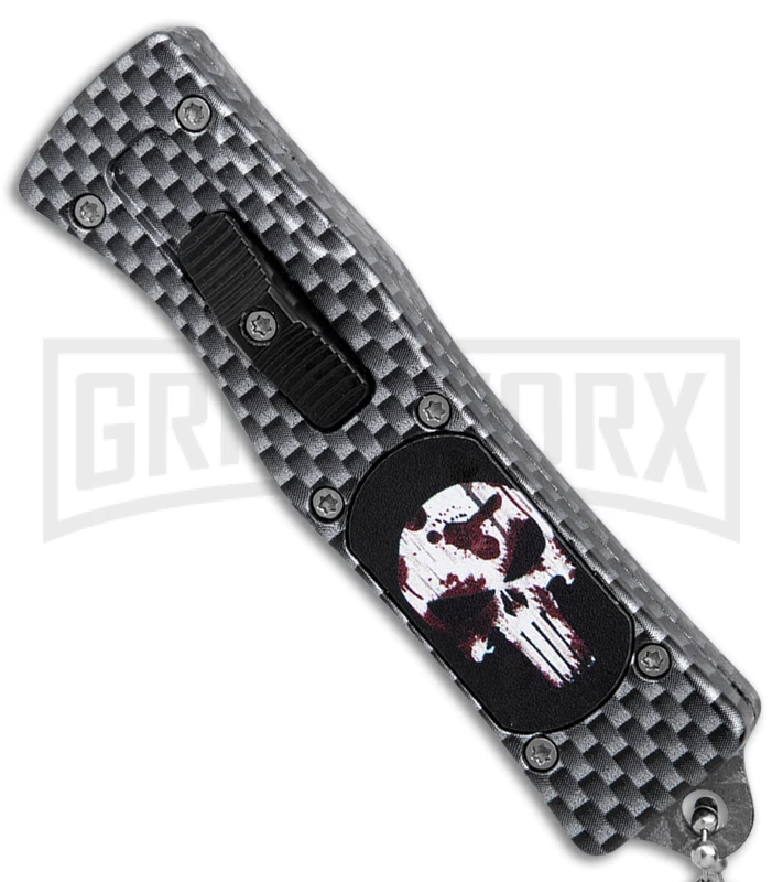 Skull Mini Dog Tag Gray Black Carbon Fiber D/A OTF Automatic Knife - Satin Plain 2 Skull Mini Dog Tag Gray Black Carbon Fiber D/A OTF Automatic Knife - Satin Plain - Image 2