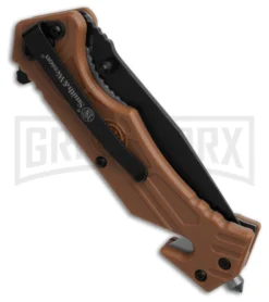 Smith & Wesson HRT Brown Polymer Linerlock Pocket Knife - Black Serrated -Grindworx Shop Smith Wesson HRT Linerlock Knife Brown Polymer 3in Black BHQ 188475 td side large