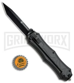 Smith & Wesson Spring Assisted Finger Actuator Tanto OTF Knife - Black Plain -Grindworx Shop Smith Wesson OTF Assist Finger Actuator Tanto Black SWOTF9TB BHQ 67477 jr bottlecap large
