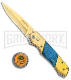 Super Knife Croc Automatic Knife Gold W/ Blue Inlay - Gold Serr -Grindworx Shop Super Knife Croc Auto Stainless Gold Blue Serr GX 35767 jr bottlecap large