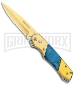Grindworx Shop 40 Super Knife Croc Automatic Knife Gold W/ Blue Inlay - Gold Serr