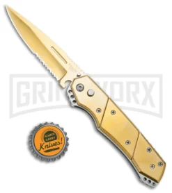 Super Knife Croc Automatic Knife Stainless Gold W/ Gold Inlay - Gold Serr -Grindworx Shop Super Knife Croc Auto Stainless Gold Gold Inlay Gold Serr GX 34967 jr bottlecap large
