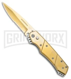 Grindworx Shop 32 Super Knife Croc Automatic Knife Stainless Gold W/ Gold Inlay - Gold Serr