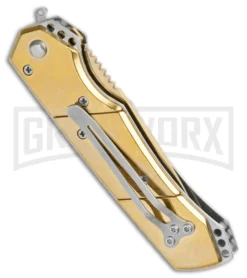 Super Knife Croc Automatic Knife Stainless Gold W/ Gold Inlay - Gold Serr -Grindworx Shop Super Knife Croc Auto Stainless Gold Gold Inlay Gold Serr GX 34967 jr side large