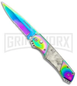 Grindworx Shop 36 Super Knife Croc Automatic Knife Stainless Rainbow W/ White Inlay - Rainbow Serr