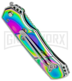 Super Knife Croc Automatic Knife Stainless Rainbow W/ White Inlay - Rainbow Serr -Grindworx Shop Super Knife Croc Auto Stainless Rainbow White Spectrum Serr GX 35780 jr side large