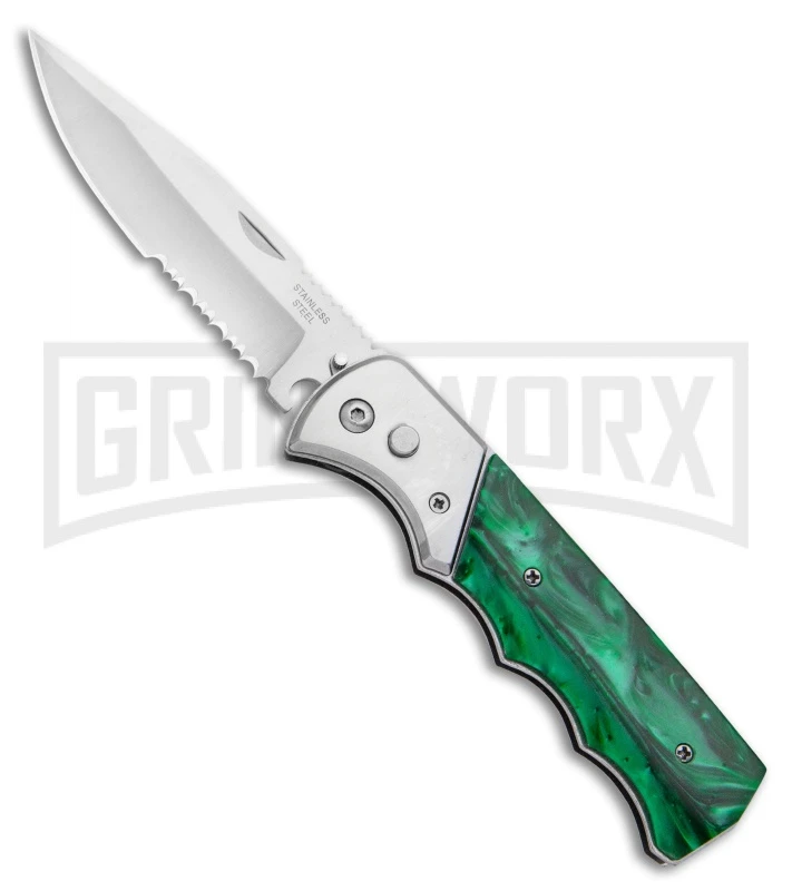 Super Knife Dingo Green Acrylic Automatic Knife - Satin Serr 1 Super Knife Dingo Green Acrylic Automatic Knife - Satin Serr