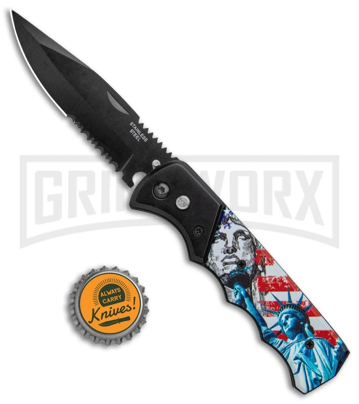Super Knife Dingo Statue Of Liberty Automatic Knife - Black Serr 4 Super Knife Dingo Statue Of Liberty Automatic Knife - Black Serr - Image 4