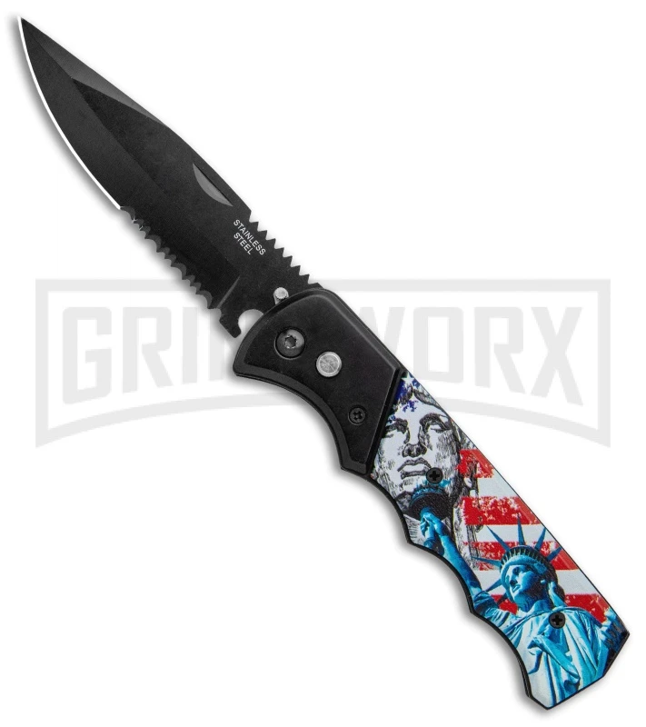 Super Knife Dingo Statue Of Liberty Automatic Knife - Black Serr 1 Super Knife Dingo Statue Of Liberty Automatic Knife - Black Serr