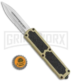 Titan Tan D/A OTF Automatic Knife - Dagger Satin Ser -Grindworx Shop Titan Tan DA OTF Auto Dagger Satin Serr GX 5336 jr bottlecap large