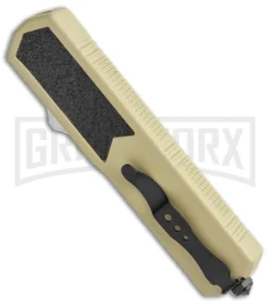 Titan Tan D/A OTF Automatic Knife - Dagger Satin Ser -Grindworx Shop Titan Tan DA OTF Auto Dagger Satin Serr GX 5336 jr side large