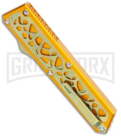 Vespa Knives Dark Star OTF Orange W/Gold Titanium Inlays- Satin Plain M390 -Grindworx Shop Vespa Knives Dark Star OTF Orange Gold Ti Inlays M390 GX 36169 jr side large