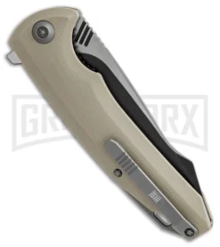 WE Knife Co. 617E Tan G-10 Liner Lock Flipper Knife - Satin Plain -Grindworx Shop WE knife co 617E tan G10 black satin BHQ 51708 er side jr large