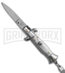 SKM 4" Italian Stiletto Grey Automatic Knife Keychain - Flat Grind