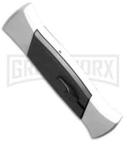 AKC 777 Blackfinger White/Black OTF Automatic Knife - Flat Grind Satin Plain -Grindworx Shop akc 777 white satin flat bottom cm large