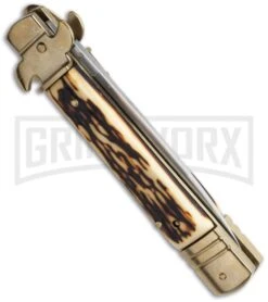 8" Leverlock Stag Horn Automatic Knife - Bayonet -Grindworx Shop bladeplay stilleto gbs61 side cm large
